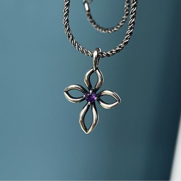 James Avery Remembrance Cross Amethyst Silver and Purple Pendant - Picture 7 of 9
